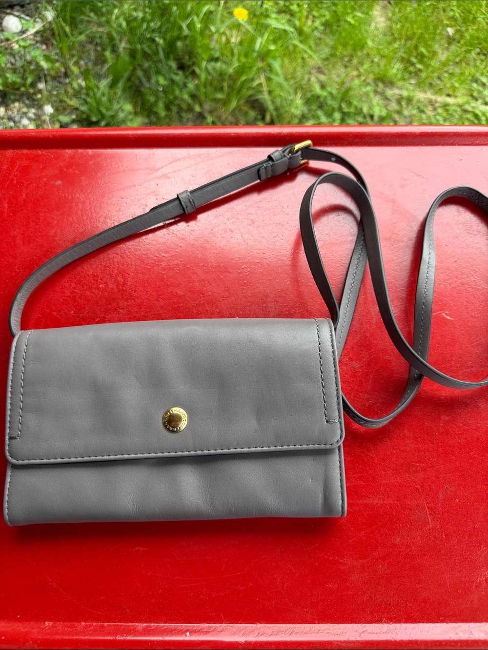 Cole Haan Gray Leather Crossbody Wallet with Gold-Tone Snap